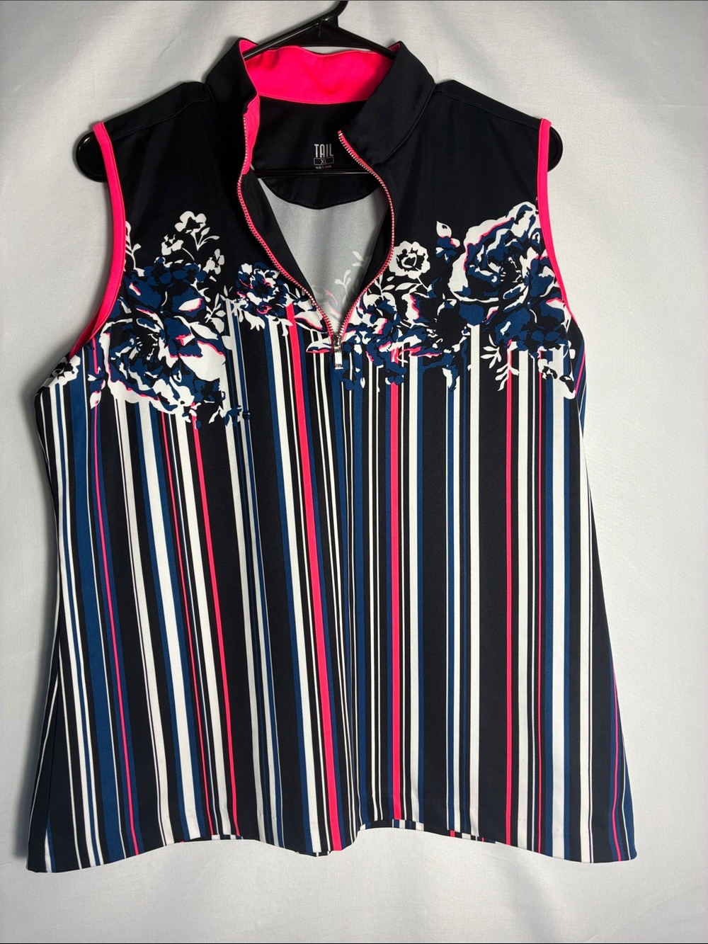 Tail Activewear Sleeveless Golf Top Floral Stripe 1/4 Zip Pink Black Size Large